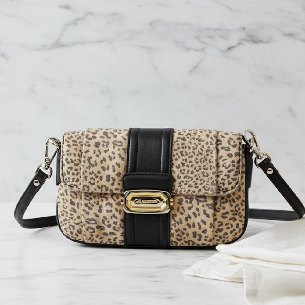 B. Makowsky Black Leather Quilted Crossbody Bag Leopard Clutch